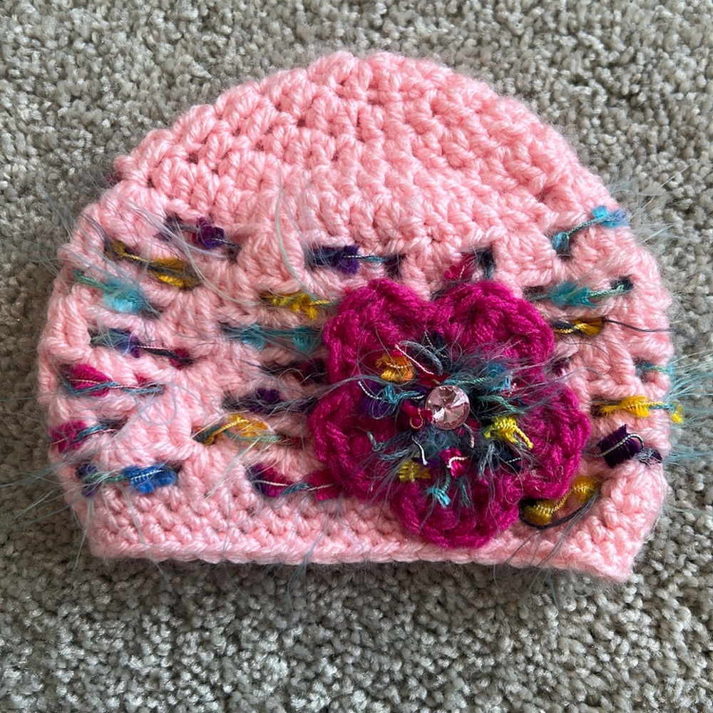 Whimsical Pink Crochet Hat with Flower Accent for new baby